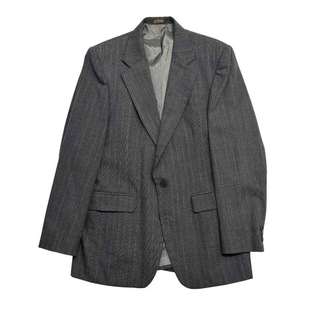 vtg 90s Charcoal Stripe 40R 34x30 2pc Pant Suit Pleated High Waisted Wool Mens